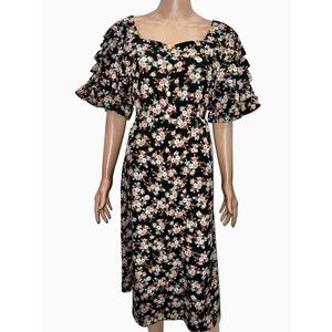 NWT Vintage Retro Style Layers Sleeves Midi Ruffle Dress Floral Tie Back Fit SML